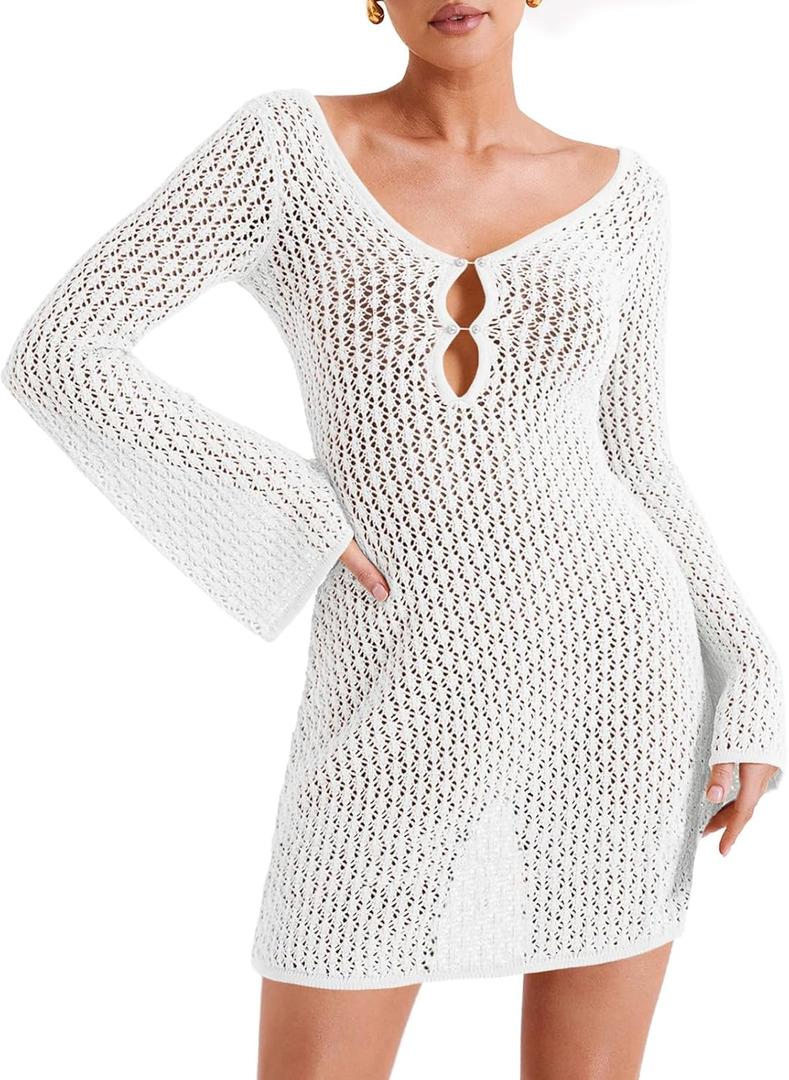 Saodimallsu Womens Crochet Swimsuit Coverup Summer Sexy V Neck Long Bell Sleeve Mesh Knit Bikini Cover Ups Beach Dresses (White, XL)