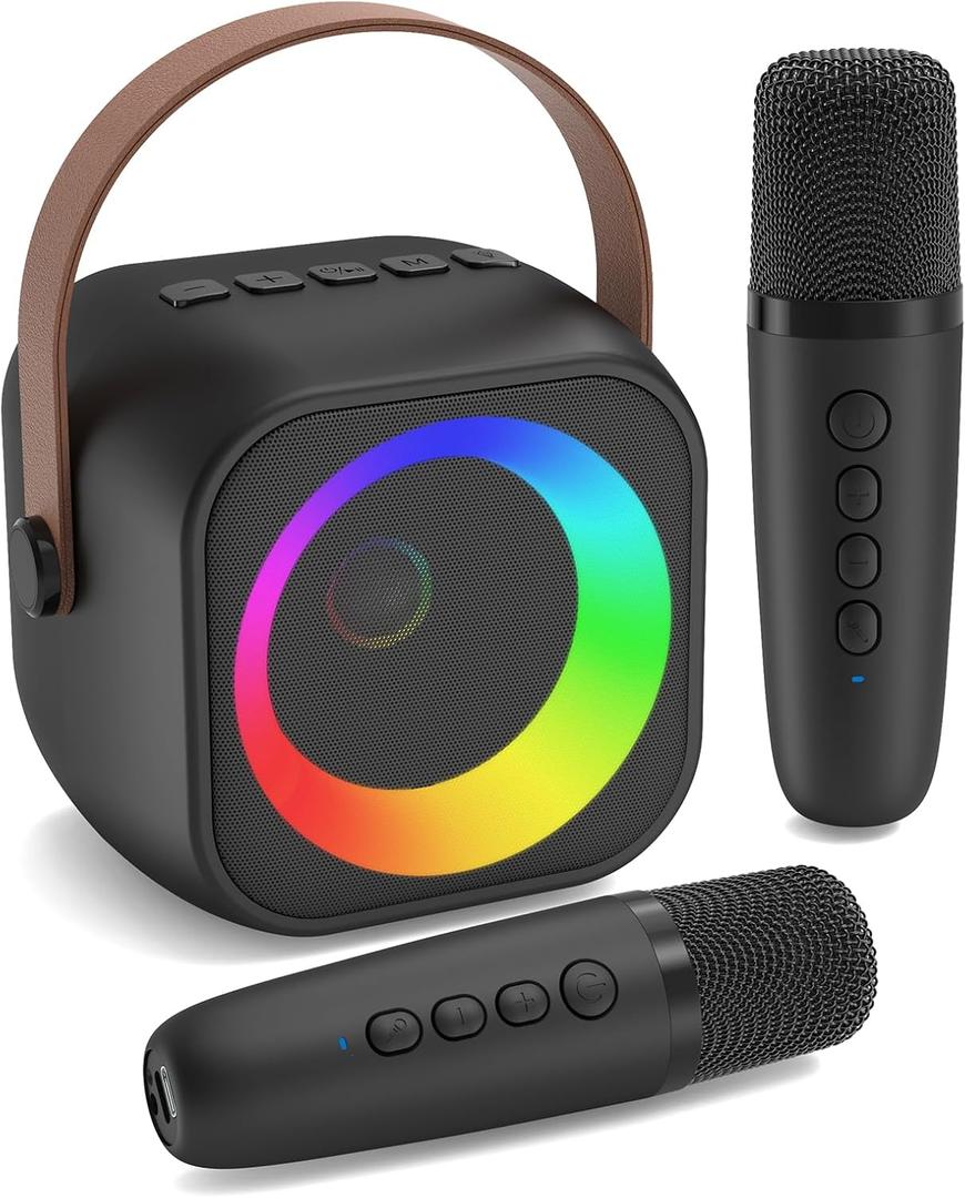 Mini Karaoke Machine, Portable Bluetooth Karaoke Speaker with 2 Wireless Microphones, Singing Machine with Party Lights for Kids and Adults, Birthday Gifts for Girls Boys Family Home Party (Black 2 Mics)
