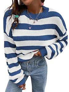 SOLY HUX Women's Color Block Striped Knit Tops Casual Long Sleeve Drop Shoulder Sweater Pullovers Blue and White, X-Small