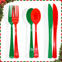 153 Pcs Christmas Plastic Silverware Heavy Duty Disposable Tableware Sets Includes Spoons Forks Knives for Christmas Party Decorations (Red Green White)