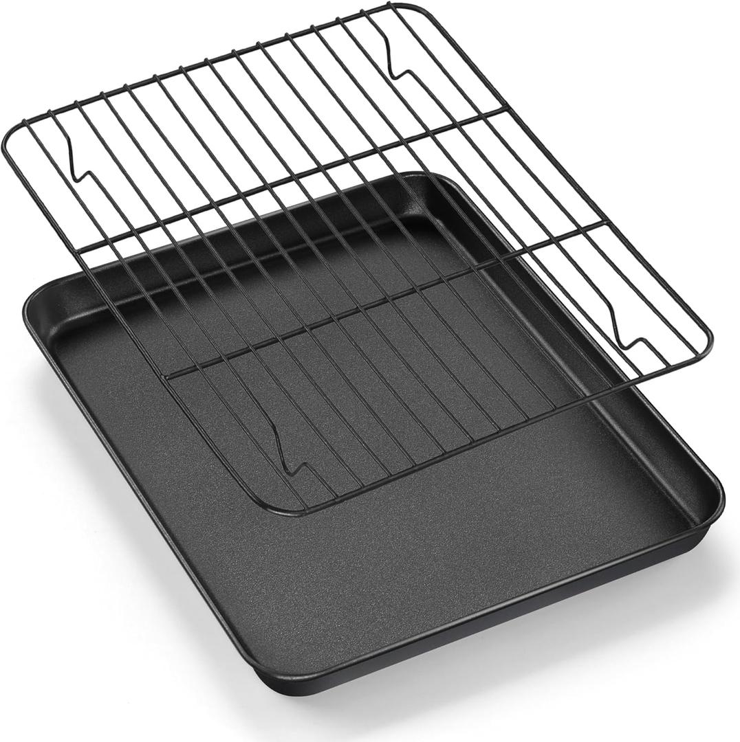 E-far Nonstick Baking Sheet with Rack Set, 12.5 x 9.5 x 1 Inch Cookie Sheet Baking Pan with Cooling Rack for Oven, Commercial Grade & Non-Toxic, Easy to Clean