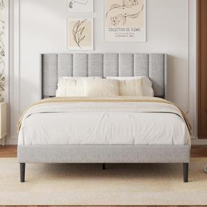 Queen Size Velvet Bed Frame with Vertical Chanel Tufted Headboard and Wingback, Upholstered Platform Bed, No Box Spring Needed, Strong Wooden Slats, Light Grey