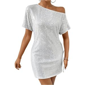 Floerns Women's Sparkly Sequin Dolman Sleeve Party Dress Asymmetrical Neck Bodycon Dress (White)
