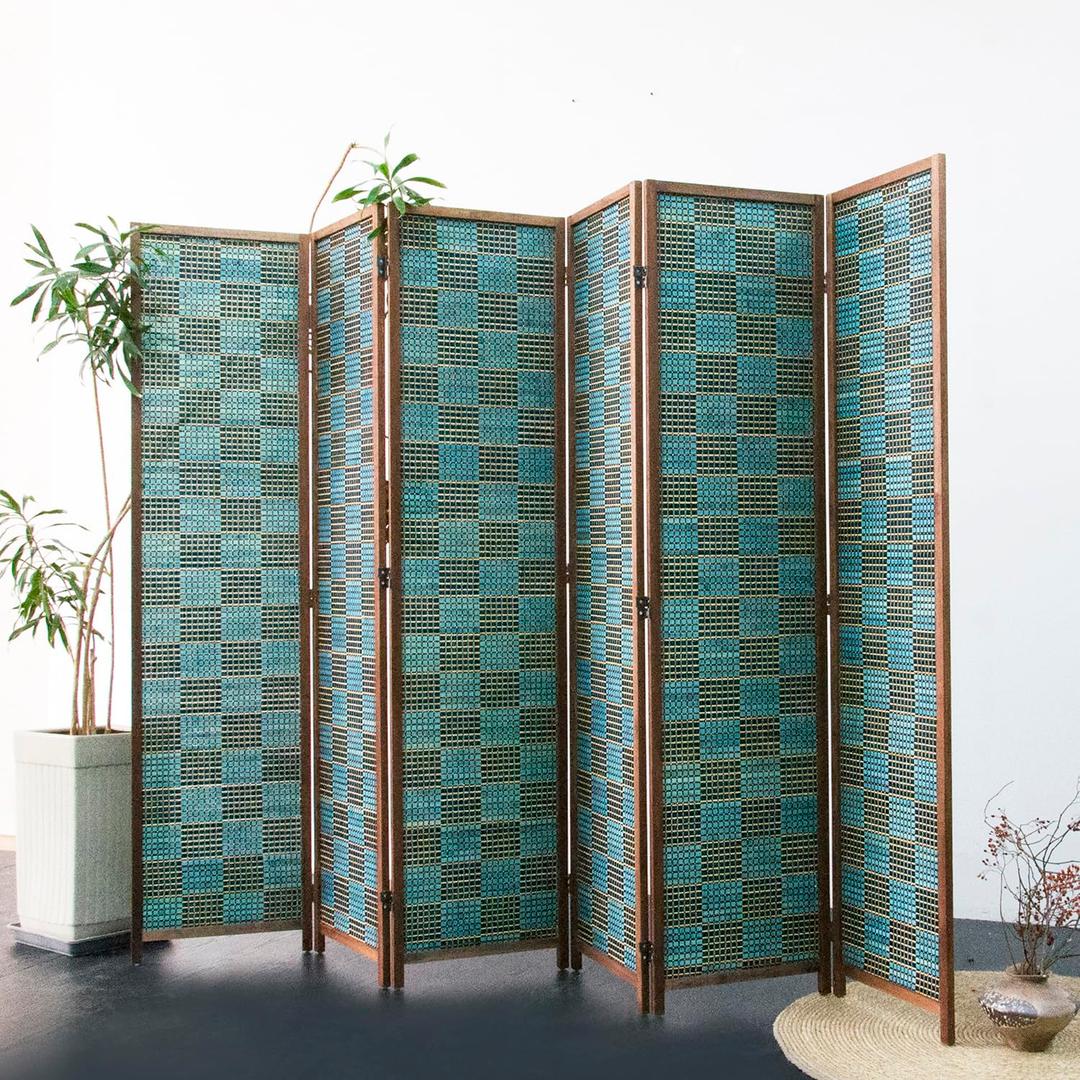 Furnnylane 6 Panel Room Divider Screen and Folding Panel Screen,Double Sided Bamboo Divider for Room Separation,Blue Square,67" H x 94.5" W