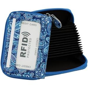 ZHOMA RFID Blocking Genuine Leather Credit Card Case Holder Security Travel Wallet With Removable Keychain ID Window for Men Women -Blue Flower