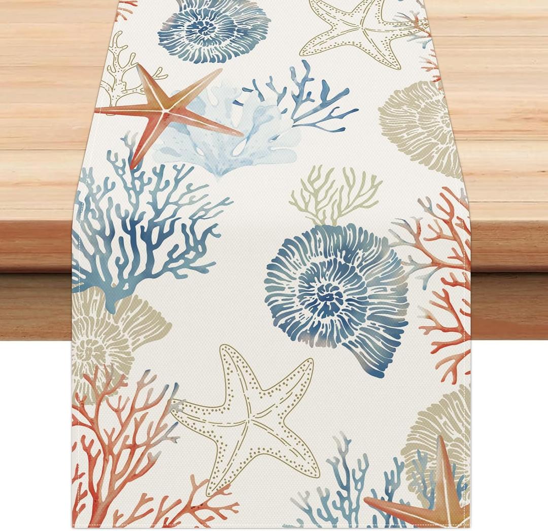 Bonhause Nautical Coastal Table Runner 13x90 Inch Ocean Themed Starfish Coral Conch Beach Kitchen Dinning Table Decoration for Indoor Outdoor Home Party Decor