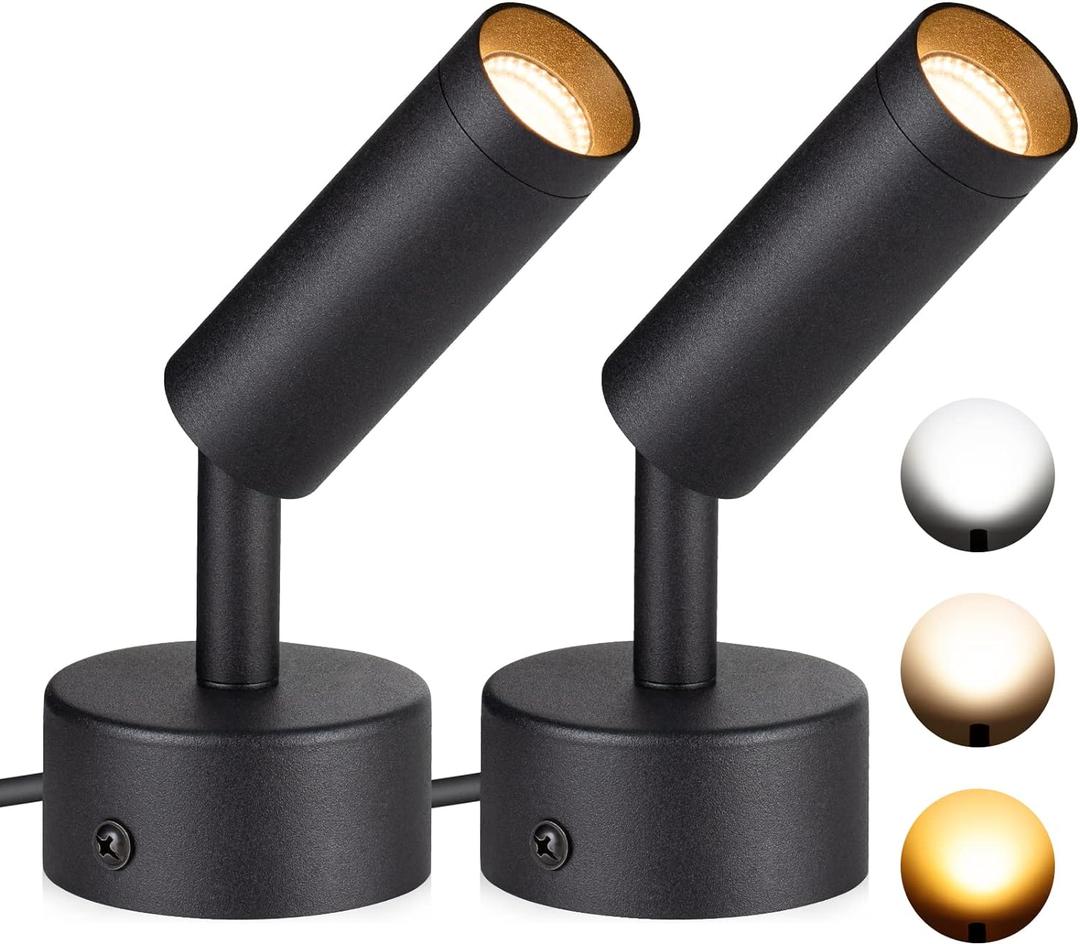 SUNVIE 2 Pack LED Spot Lights 3000K/4000K/5000K Adjustable Dimmable Floor Spotlight Lamp for Plants Decor 120V Up lighting for Artwork Wall Accent Lighting (Black)
