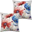 Watercolor Flower Outdoor Throw Pillow Covers 18x18 Set of 2 Red Blue Floral Pillow Covers Daisy Linen Square Farmhouse Pillowcase for Home Decor Couch Patio