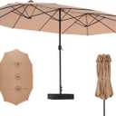 DUMOS 15FT Large Patio Umbrella with Base Included, Heavy Duty Extra Wide Outside Umbrella with 12 Ribbed Bars, Rectangle Outdoor Table Umbrella for Patio, Backyard, Pool, Deck & Garden,Khaki