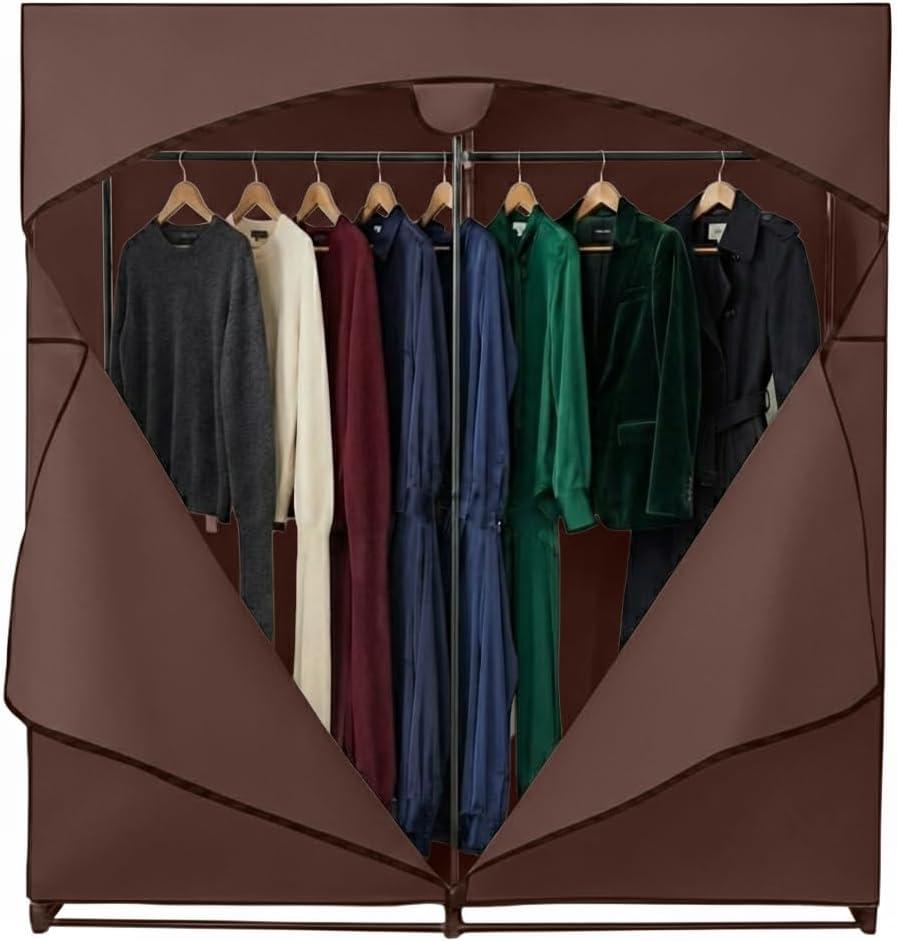 HOLDN STORAGE Portable Wardrobe Closet - 65 lb Large Capacity, Internal Heavy Duty Metal Rod, Zipper & Clear Window, Durable Clothes Organizer, Tool-Free Easy Assembly, Brown Canvas Cover