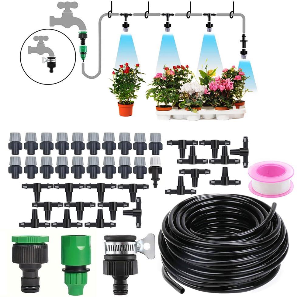 65.6FT Greenhouse Misting Drip Irrigation Kit, Hanging Plant Watering, Garden Watering System with 1/4" Blank Tubing and Misting Nozzles, Quick Connect Sprinkler Automatic Micro Fog Irrigation System