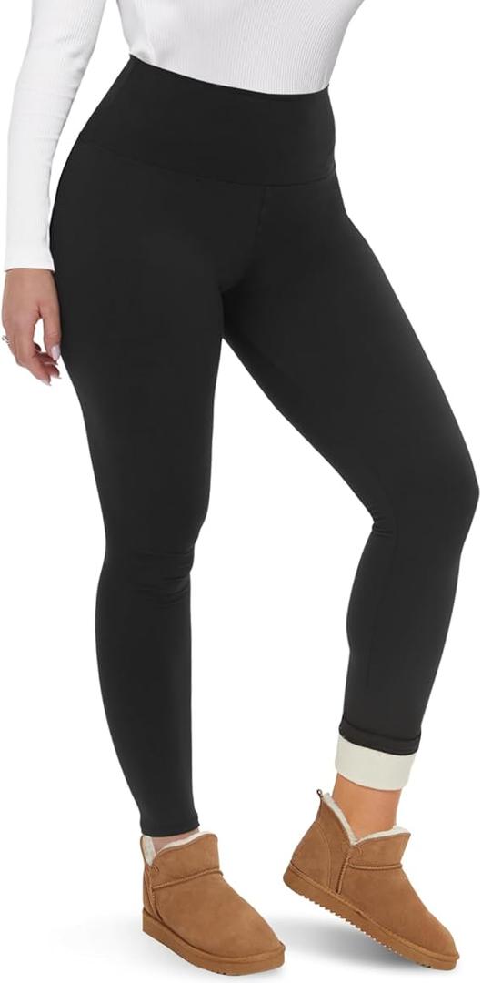 Fleece Lined Leggings Women - Thick Soft High Waisted Black Tummy Control Thermal Warm Velvet Pants for Cold Winter, Black Large
