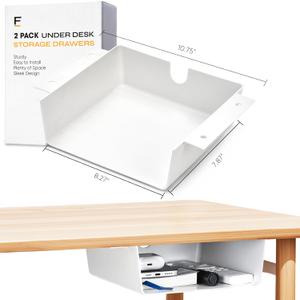2 Pack Under Desk Hanging Shelf Drawer Organizer, Attachable Plastic Hidden Storage Tray, Easy Adhesive Mount Holder for Standing Tables, Office, Counters, Cabinets, Workstations - White