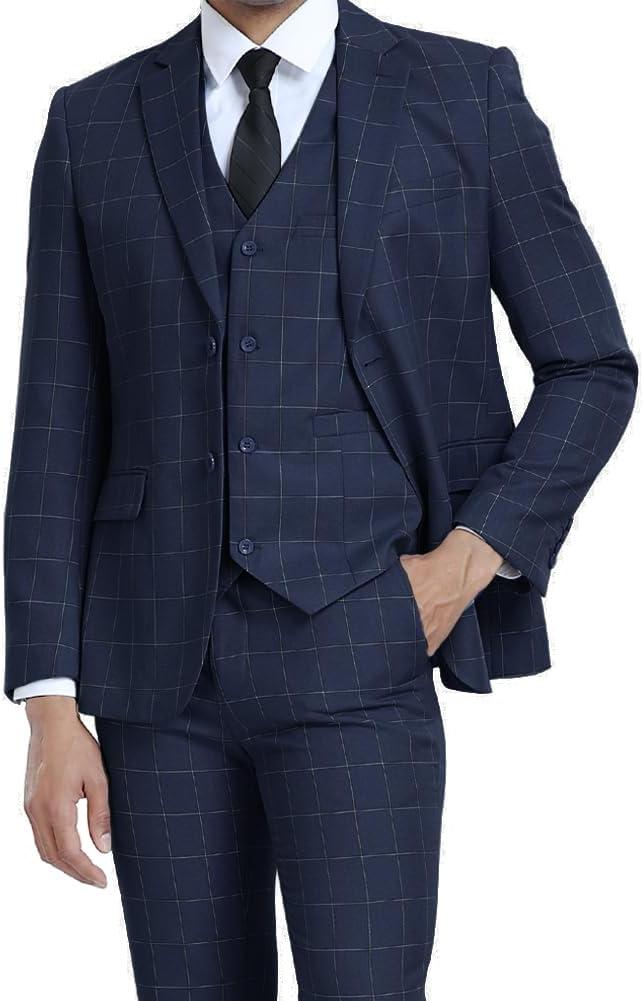Men's Suits 3 Piece Slim Fit Dress Tuxedo for Men Two Button Solid Jacket Vest Pants Set (XX-Large, Plaid-navy)