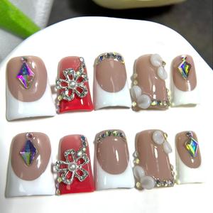 10Pcs Short Duck Press on Nails Handmade Fake Nails with Glitter Rhinestone Snowflake Design 3D Flower False Nails French Tip Duck Nails Press ons Multi-Layer Acrylic Stick on Nail for Women (S)