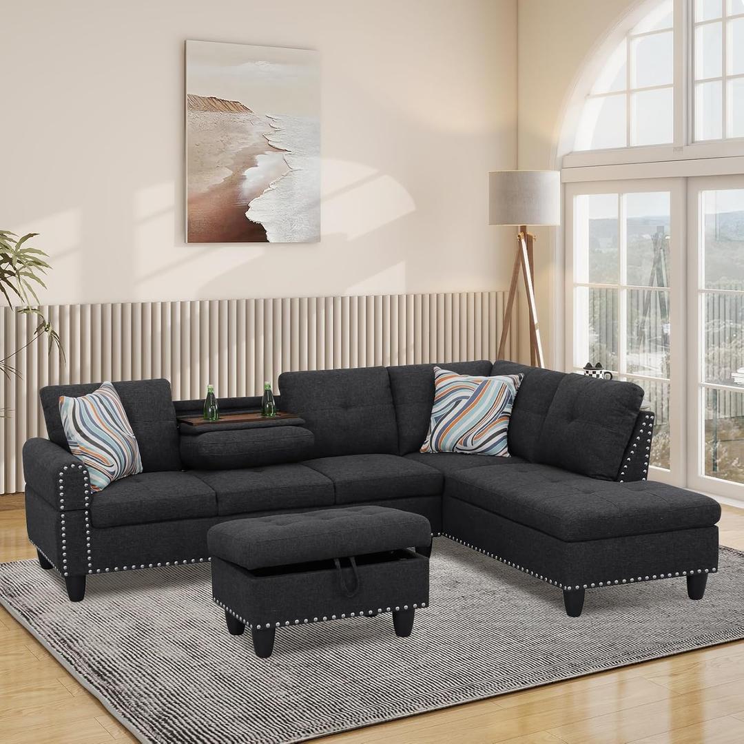 L Shaped Modular Sectional Sofa with Reversible Chaise Lounge, 5-Seater Corner Couch, Linen Upholstery Convertible Sof w/Movable Ottoman, Cup Holders, 2 Pillows and Rivet Ornament for Living Room