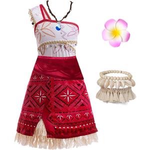 Princess Costume for Girls Adventure Outfit Ocean Birthday Party Dress Up with Necklace & Anklet Accesories (5Years-6Years, Red), 110