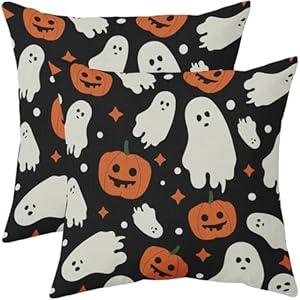 Robvobe Black Halloween Pillow Covers 18x18 Set of 2 Cute Cream Ghost Printed Rustic Style Outdoor Decorative Throw Pillows Country Farmhouse Pillowcases Cushion Case Holiday Decor for Sofa Couch Bed