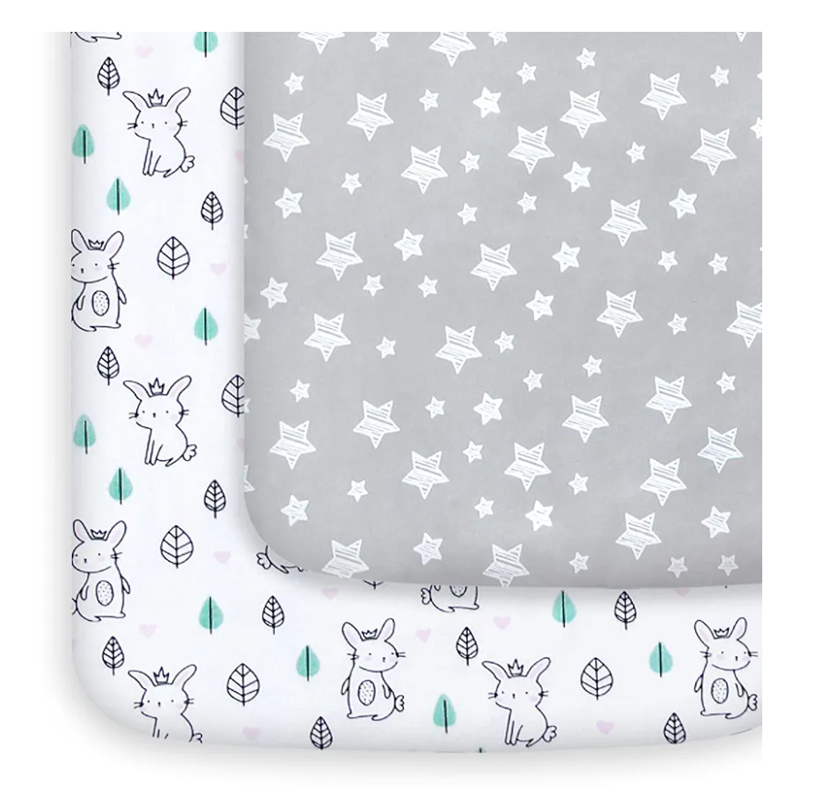 Pack and Play Sheets, 2 Pack Mini Crib Sheets, Stretchy Playard Fitted Sheet, Compatible with Graco Pack n Play, Soft and Breathable Material, Stars & Bunny