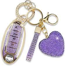 Key Fob Cover with Diamond Keychain, Car Key Holder Compatible with Nissan Altima Rogue Sentra Pathfinder Frontier Maxima Titan Murano Kicks Juke Versa Armada GTR 5 Buttons, (Purple-Heart)