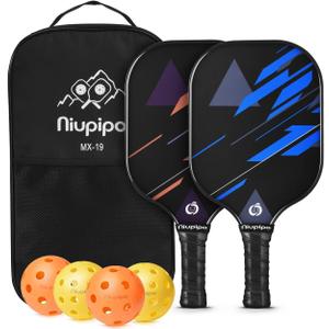 niupipo Pickleball Paddles Set of 2/4, USAPA Approved Lightweight Pickleball Rackets, Durable Fiberglass Surface with Polypropylene Honeycomb Core, Cushion Grip and Carry Bag (Blue and Orange)