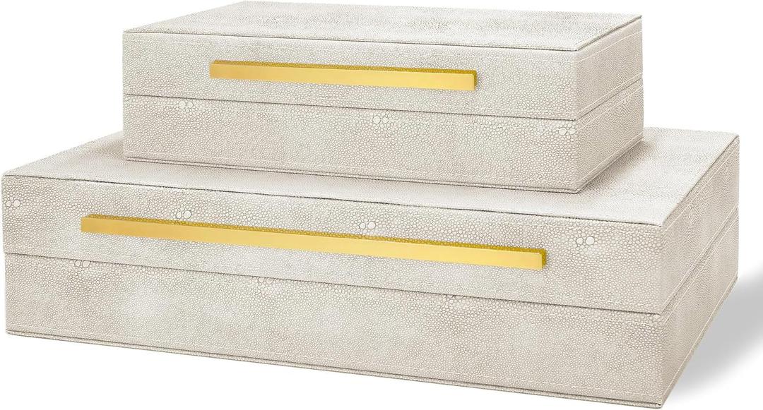 Modern Decorative Box Faux Shagreen Leather, Decorative Storage Boxes with Lids for Home Decor, Large Multifunctional Storage Jewelry Box Organizer(Ivory)