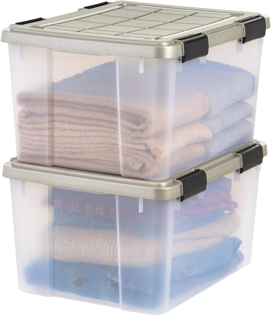 IRIS USA 44 Qt Storage Bins with Gasket Seal Lid, 2 Pack - BPA-Free, Heavy Duty Moving Containers Tight Latch, Weather Proof Tote, WEATHERPRO - Clear/Chrome