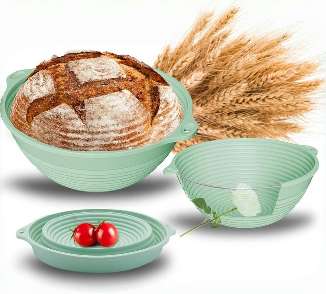 Upgraded Silicone Sourdough Bread Proofing Baskets - Including steel rings, 9 Inch Round Foldable Sourdough Baking Basket (Green)