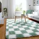 KICMOR Rugs for Bedroom Living Room, 3x5 Fluffy Soft Checkered Shag Area Rug Fuzzy Shaggy Plush Bedside Small Carpet, Sage Green and White Rug for Kids Boys Girls Dorm Nursery Home Decor Aesthetic