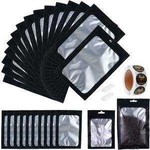 200-pack 6 x 9 in Mylar Bags with Clear Window Resealable Foil Pouches for Food Storage Smell Proof Edible Packaging Bags Bulk for Cookies, Jewelry and Small Business, Matte Black