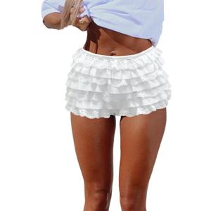 Women Y2K Lolita Bloomers Lace Mesh Ruffle Fairy Short Sexy Layered Pettipants Coquette Boy Shorts (Small, White)
