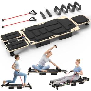 Pilates Board Reformer for Home Workout, 5-in-1 Pilates Equipment with Dual & Split Foot Pads, Smooth Sliding Rail System, Adjustable Headrest for 110190cm, Core & Full-Body Training