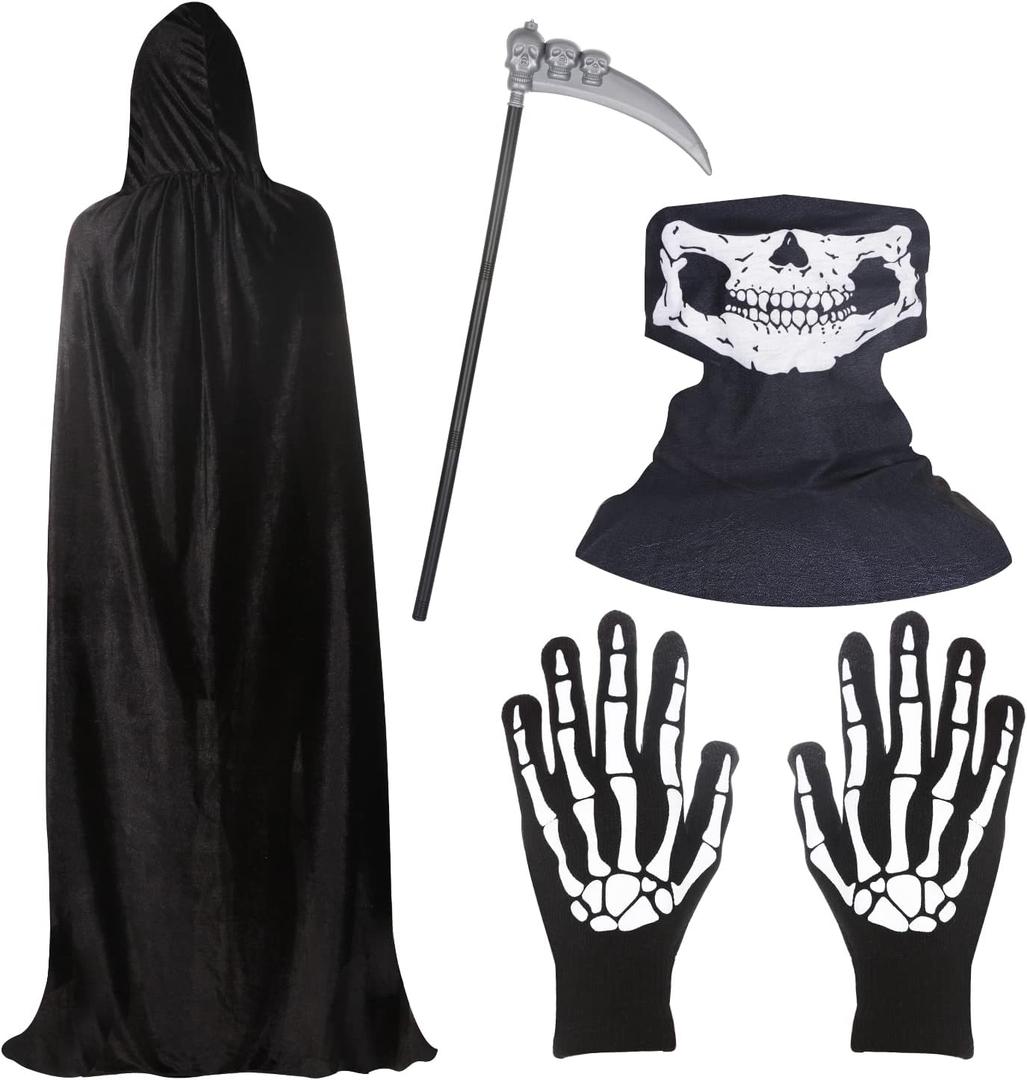 BILLMOSS Halloween Grim Reaper Costume - Hooded Cloak Velvet Black Cloak with Scythe Skull Mask Skeleton Gloves Grim Reaper Party Costumes for Kids