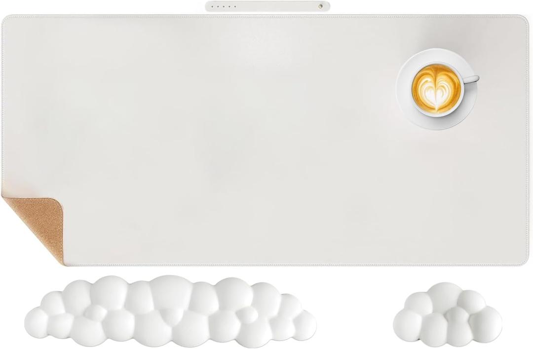 Leather Cloud Keyboard Wrist Rest, 3-in-1 Cloud Wrist Rest W/ 35.7 X 15.7in Leather Desk Pad,Memory Foam Cloud Palm RestMouse Pad Rest Support for Office/Computer/Laptop/Mac Setup,White
