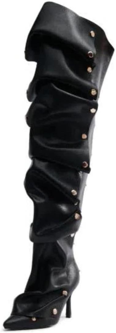 Women's Pointed Toe Stilettos Above the Knee High Boots Slouchy High Heels (13, Black)