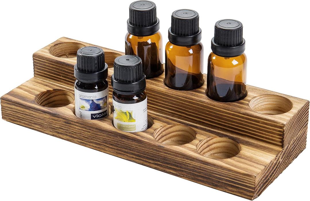 MyGift 8.5 Inch Rustic Burnt Solid Wood Essential Oil Holder Stand with 2 Tier Display, Vanity Tabletop Cosmetic Storage Organizer Rack, Holds 11 (20ml) Bottles