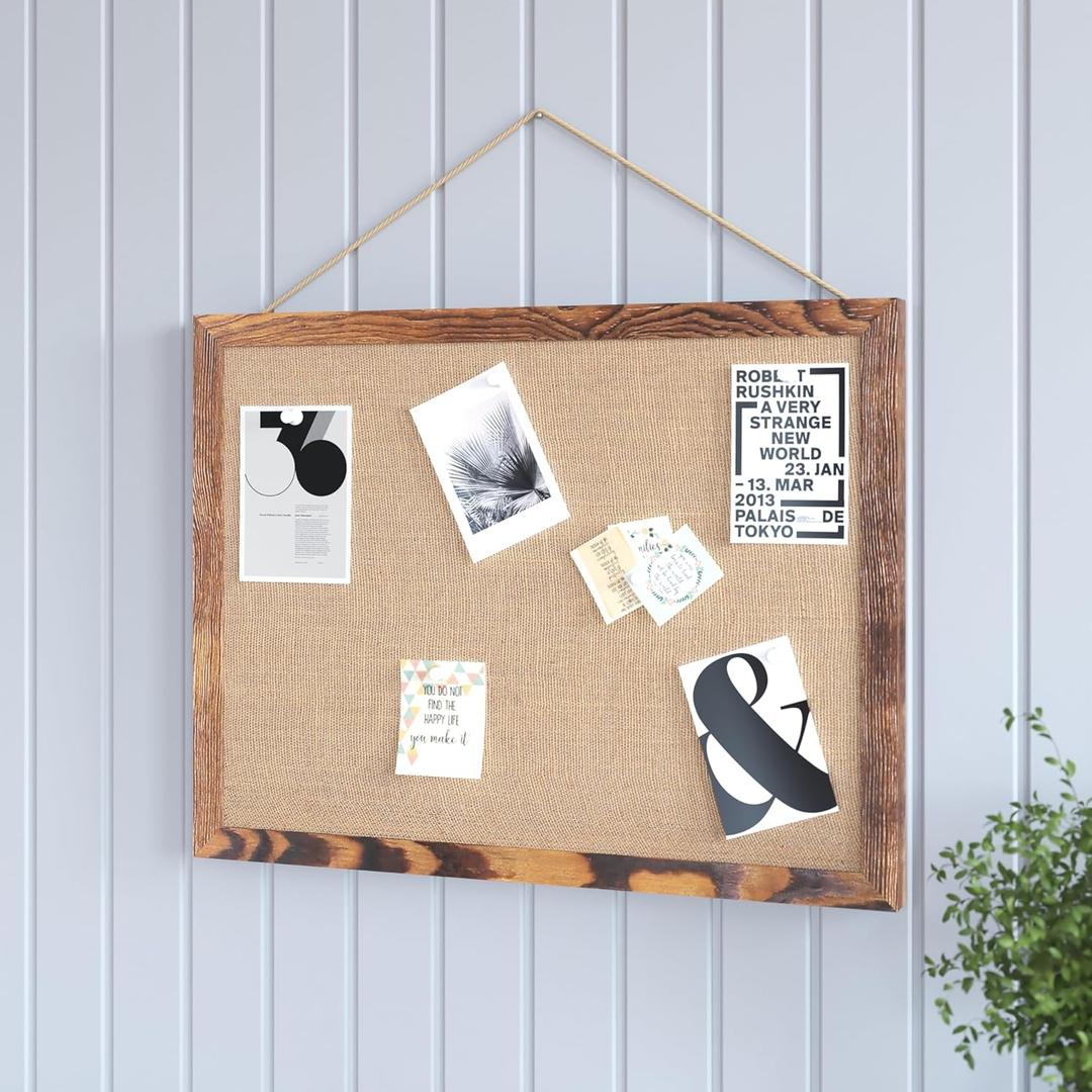 HBCY Creations Wall Mount Torched Wood Linen Board - 18" W x 24" H - 6 Wooden Push Pins - Solid Pine Wood Frame - for Kitchen, Classrooms, Restaurant Menus and More!