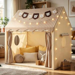 Kids Play Tent Indoor Outdoor Playhouse with Star Lights, Bunting Flags, Washable, Portable Carry Bag, Lattice Top, 47.2" x 39.3" x 52.2", Birthday Gift for Boys Girls