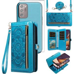 Asuwish Phone Case for Samsung Galaxy Note 20 Ultra 5G Zipper Wallet Cell Cover with Screen Protector Strap Flower Card Holder Note20 Plus Notes 20Ultra Note20+ U + 20+ Twenty Not S20 Women Girls Blue