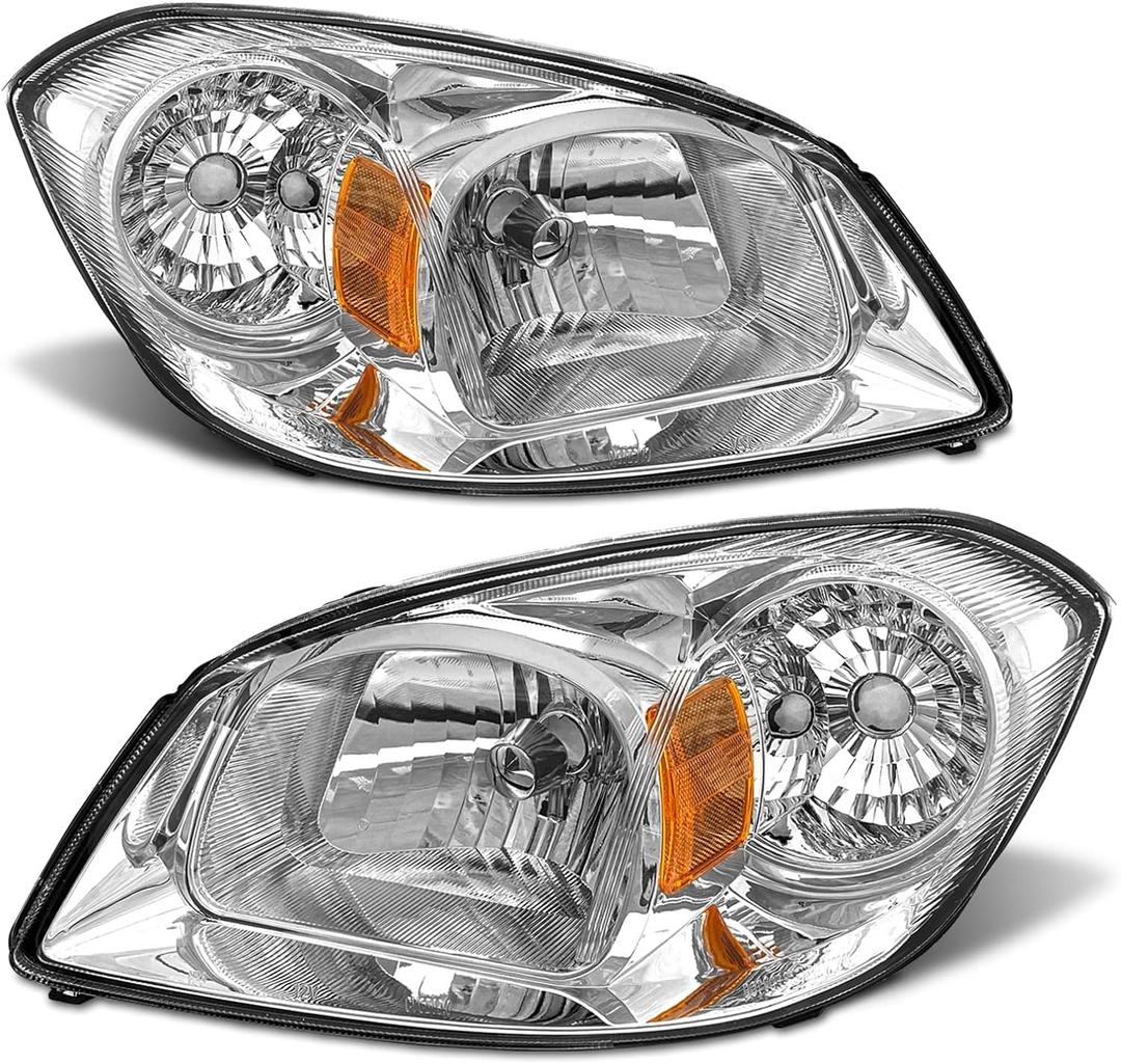 for 2005 2006 2007 2008 2009 2010 Chevy Cobalt Headlight Assembly compatible with 07-09 Pontiac G5 / 05-06 Pursuit Clear Lens Chrome Housing Amber Reflector Headlamp Replacement Pair (OE Replacement, A-Chrome Housing Amber Reflector)
