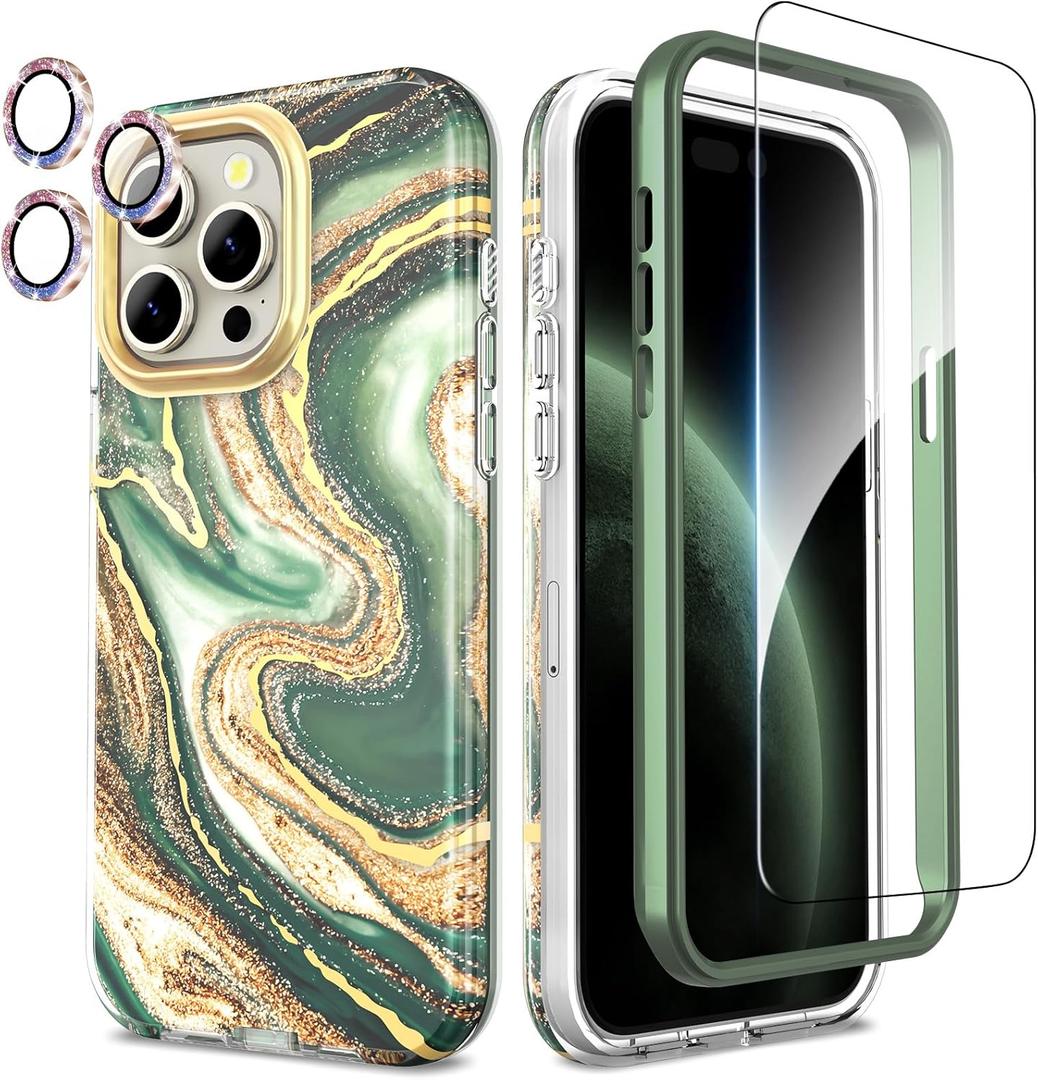 SHEDEER Compatible with iPhone 15 Pro Max Case, Slim Stylish Design for Women, 360 Degree Protection, [with Screen Protector & Camera Lens Bling Cover] Dropped 3000 Tests,Quicksand/Green
