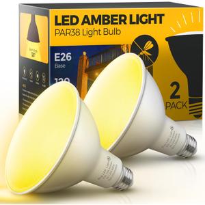 L LOHAS LED Yellow Bug Light Bulbs Outdoor, PAR38 LED Flood Light Outside, 150-200W Equivalent 2000K Non-Attracting, 15W 1100LM Non-Dim Amber Porch Lights, E26 Base for Patio, Backyard, Party 2 Pack