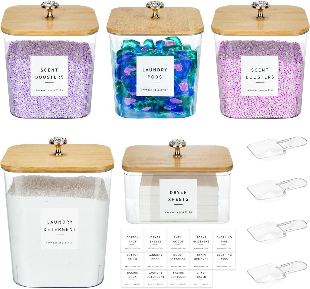 5 Pack Laundry Pod Containers and Dryer Sheet Holder for Laundry Room Organization Acrylic Jars with Lids and Labels for Laundry Detergent Laundry Pods Dry Sheet Organizing