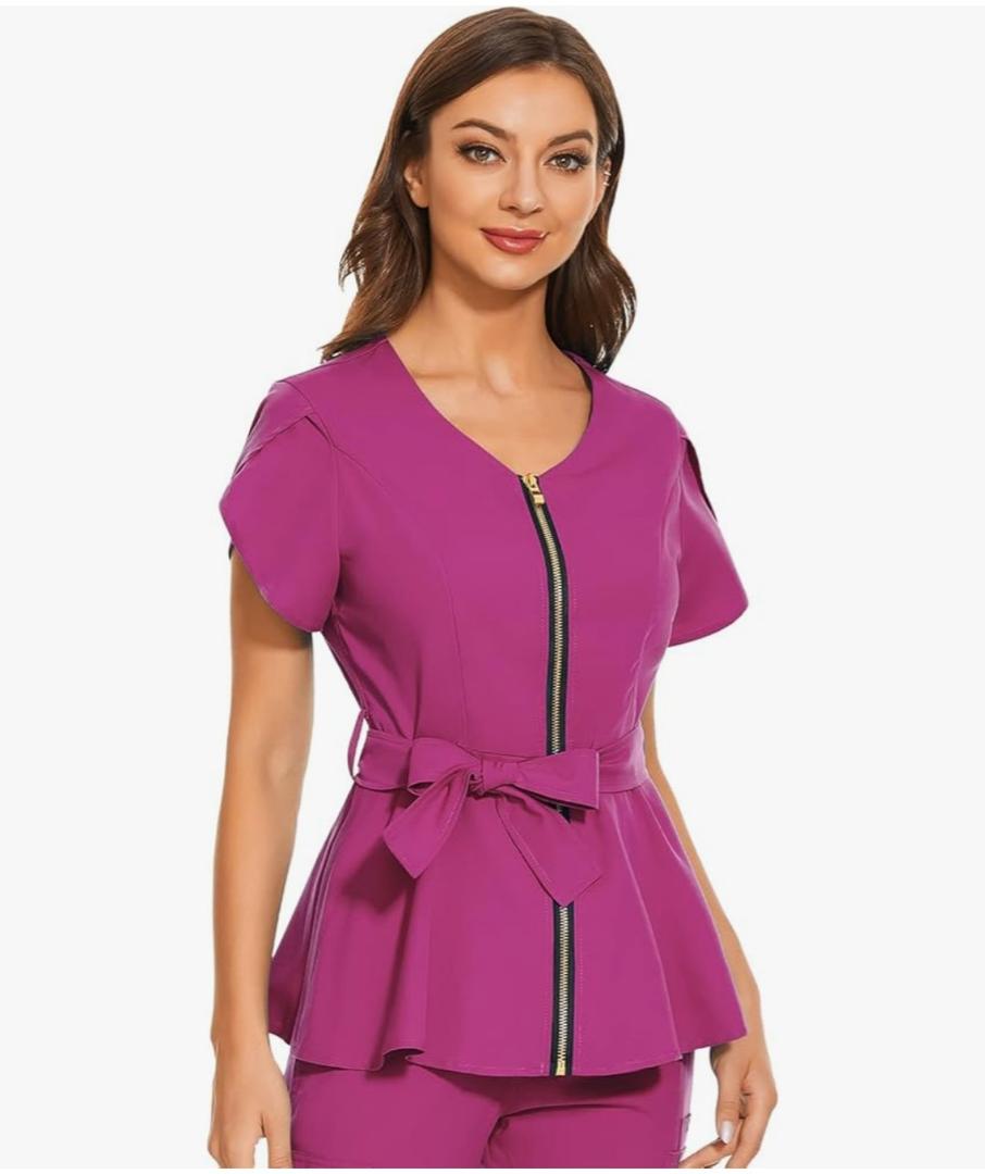 VIAOLI Scrub Tops for Women Shirt Nurse Uniform Workwear Fashionable with Zipper and Waistband Scrub Shirt Medical Clothes S
