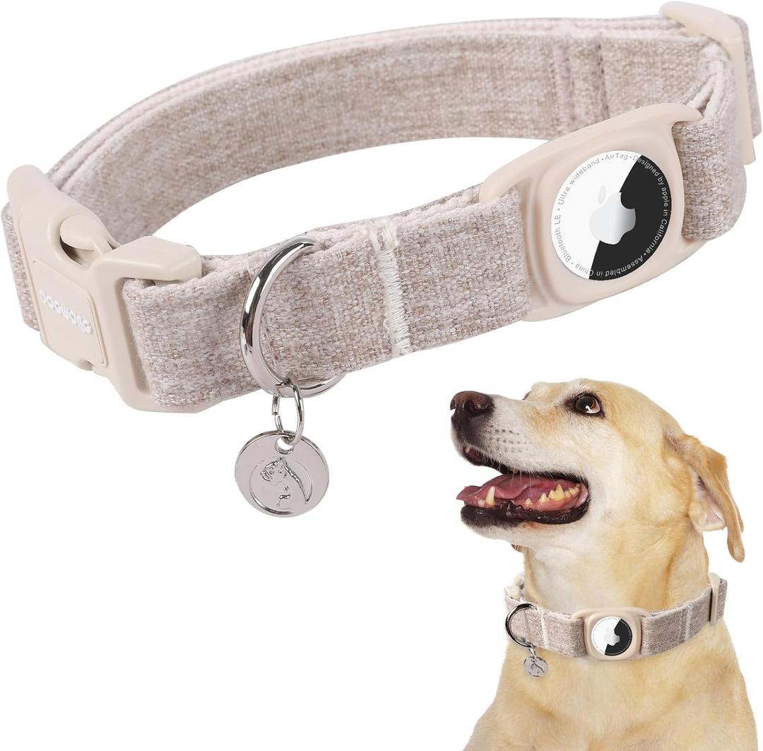DOGWONG Airtag Cotton Hemp Dog Collar, Heavy-Duty Dog Collar with Airtag Holder Beige Natural Fabric Pet Cute Puppy Necklace for Small Medium Large Dogs (Khaki)