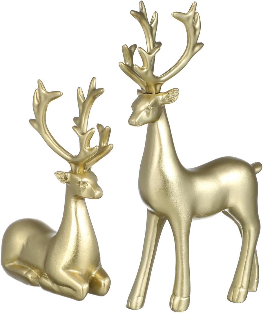 BESPORTBLE Christmas Reindeer Sculpture, 2Pcs Resin Deer Christmas Decoration Gold Elk Statues for Living Room, Desktop, Table Centerpiece, Bookshelf Xmas Home Decor