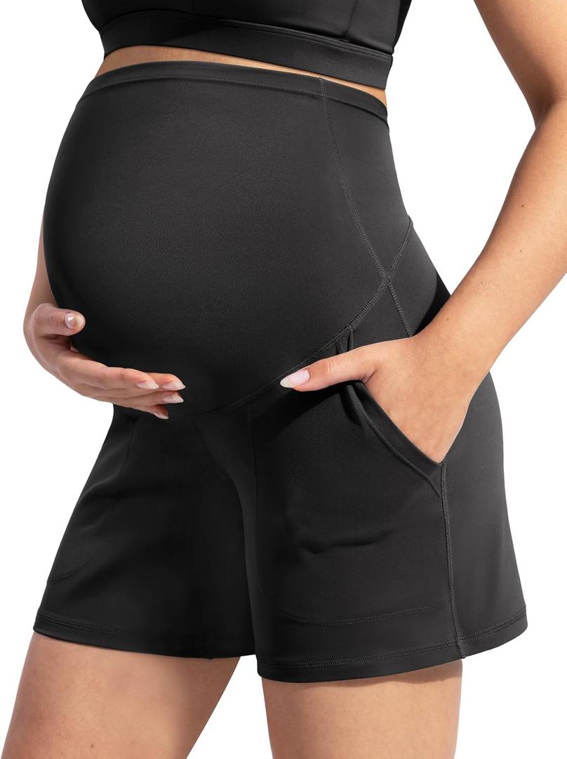POSHDIVAH Women's Creamluxe Maternity Yoga Shorts with Pockets Pregnancy Workout Running Pants Clothes 6"/9"/12" (Black, M)