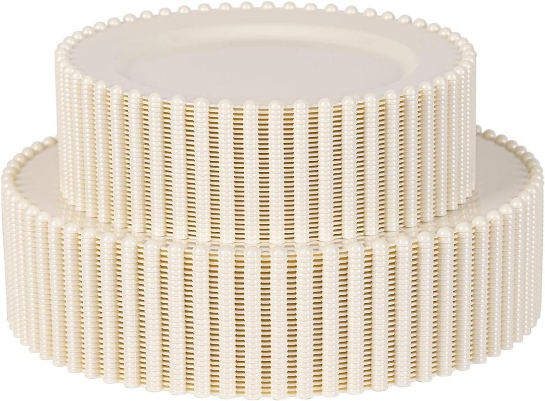 60 Pcs Ivory Plates, Beaded Design Disposable Plastic Plates, Fancy Party Dishes 7.5 inch Dessert Plate and 10 inch Dinner Plate for Party, Bridal Shower