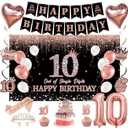 Holkcog 10th Birthday Decorations for Girls, Black Pink Out Single Digits I'M 10 Party Banner Background, Rose Gold 10 Cake Top, Number 10 Balloon Crown Sash for Girls Double Digits Party Supplies