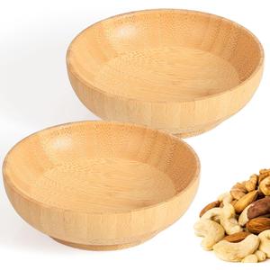 Small Bamboo Wooden Bowls Set of 2, Round Shallow Serving Bowls for Charcuterie/Fruit/Candy, 4 Inch Handmade Dipping Dishes for Spice/Salsa/Tomato Sauce